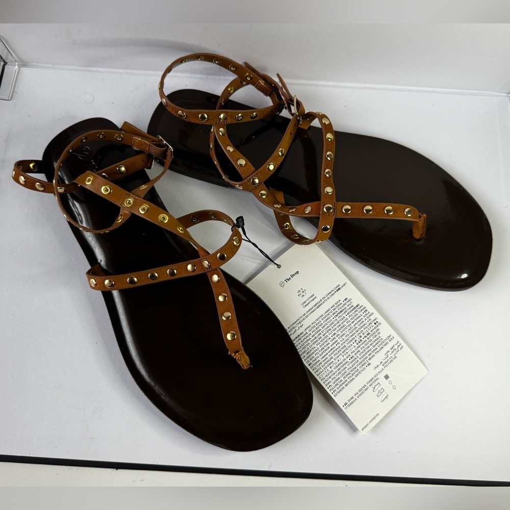 The Drop Gold Studded Gladiator Strappy Flat Sandals Brown Size 9